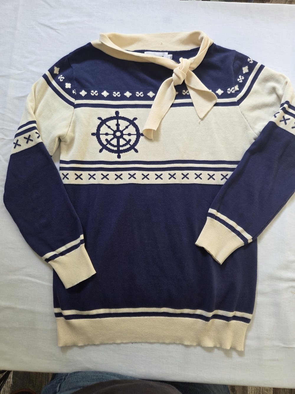 Nautical Stripe Crewneck Sweater with Tie - Navy & Cream